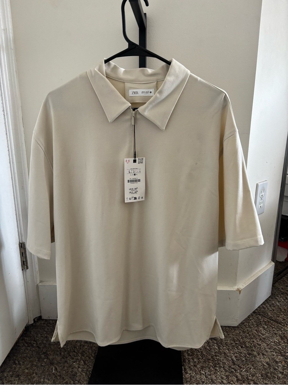 Zara Men's Light Cream Half-Zip Polo